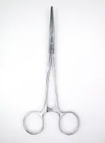 Lockable forceps for grasping securely press needles, intradermal needles and cotton wool used for cupping. The scissor like forceps are tipped at the end with flat grasping surfaces instead of blades.