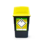 Sharps container, grey, with yellow lid.  1ltr
